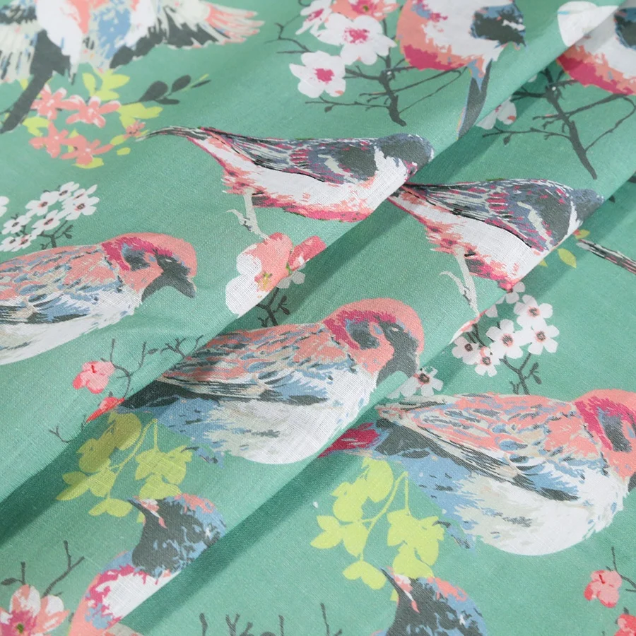 Digital Printing Bird Floral Design on 100% Linen Fabric for Dresses