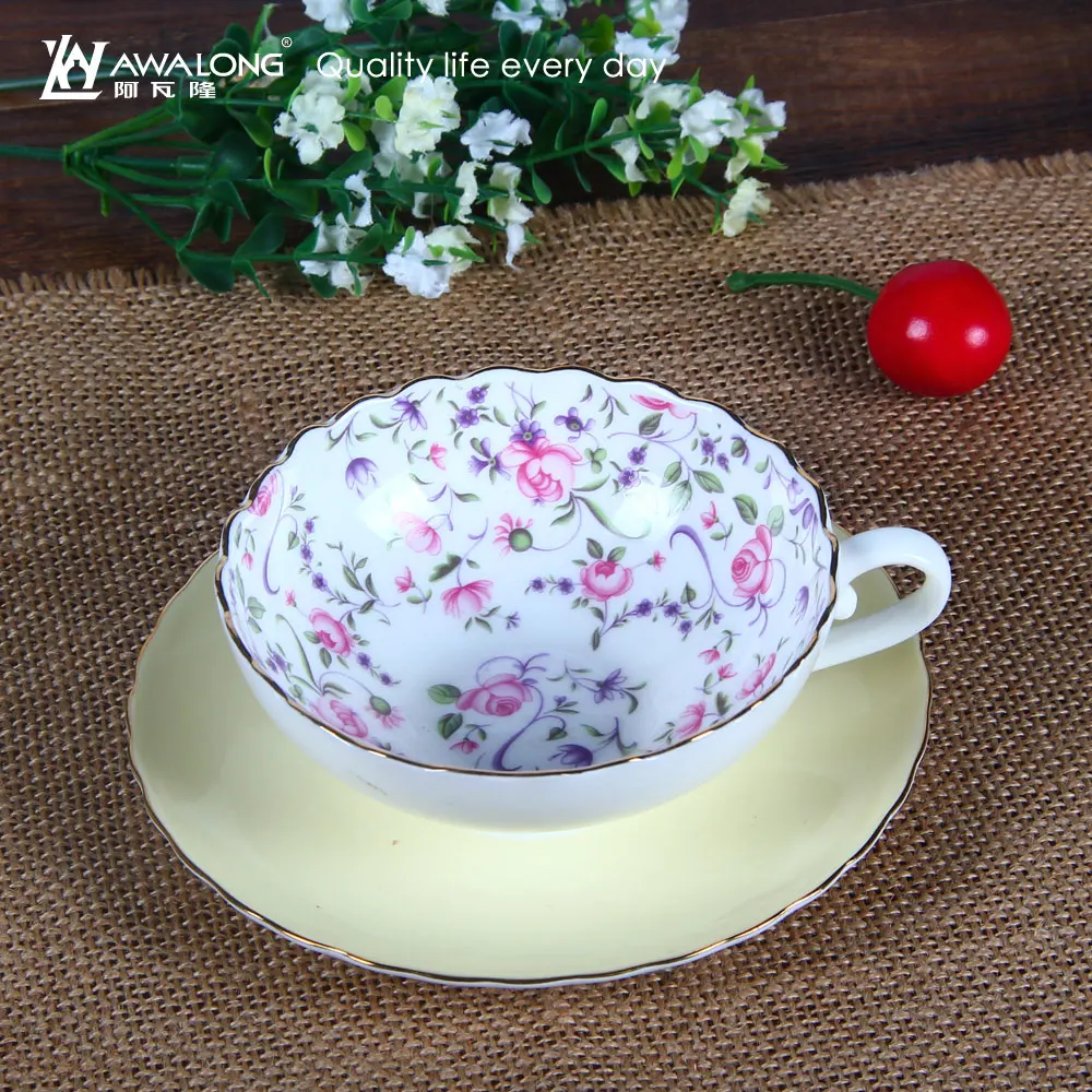 WIde Mouth Hot sale rose inside cups fine ceramic tea cup and saucer set