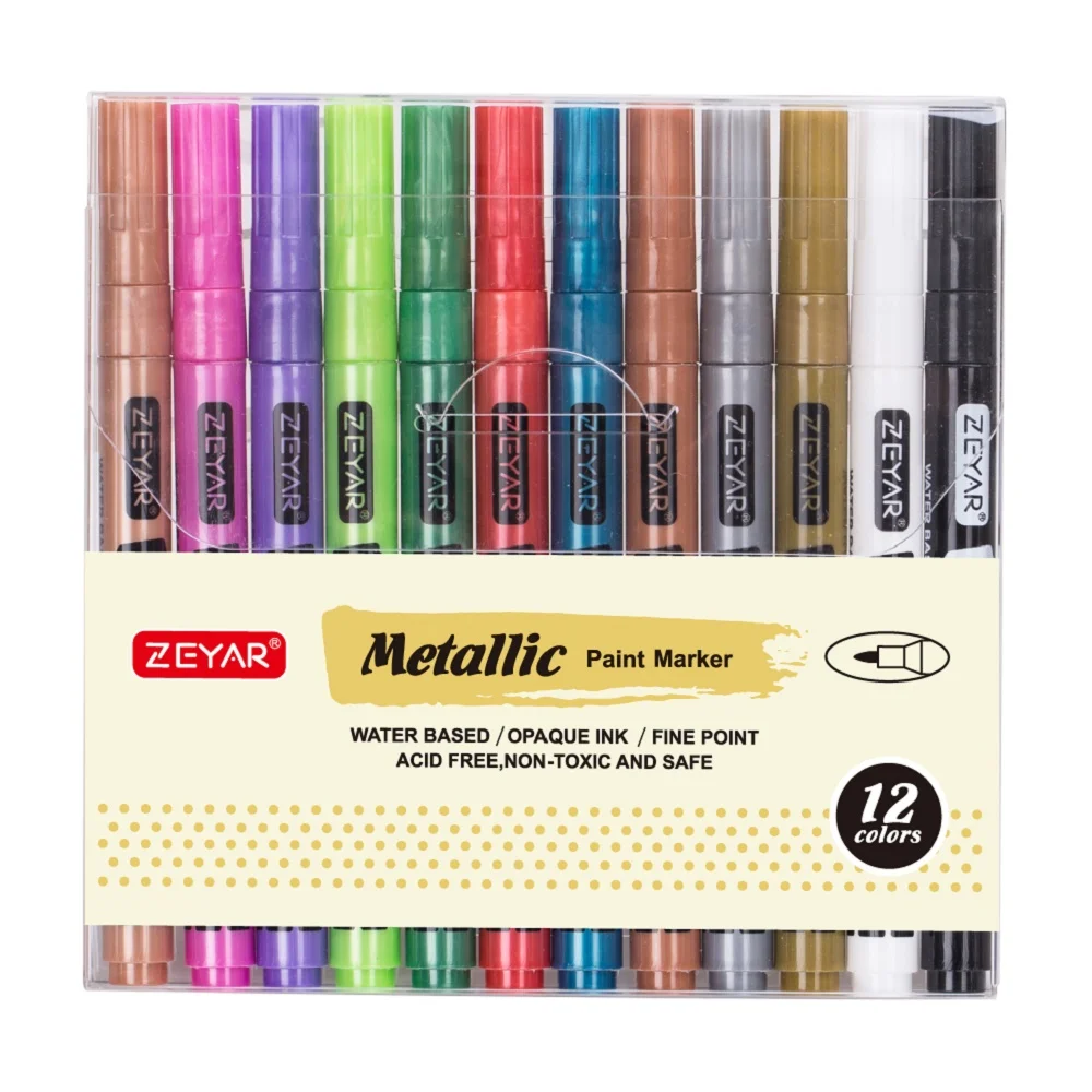 Customization  ZEYAR Metallic  Paint Marker Water-based Valve Action Paint Pens, Fine Point Acrylic Tip, 12 colors