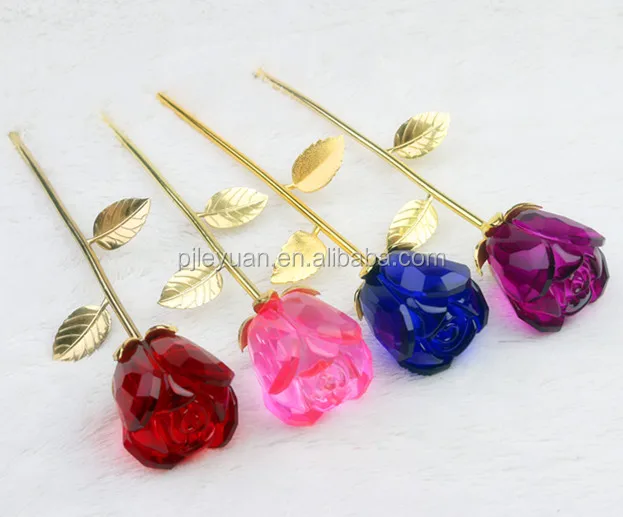 Hot sale blue glass crystal rose flower with vases for wedding decoration or souvenirs