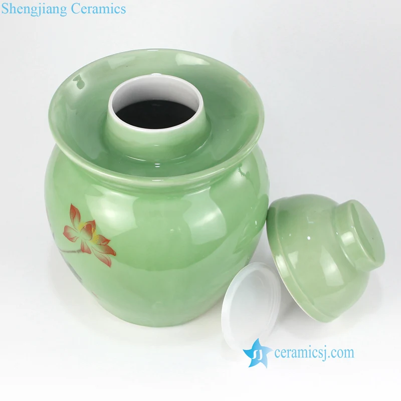 RYXM02 Green color background red lotus pattern pottery pickle jar