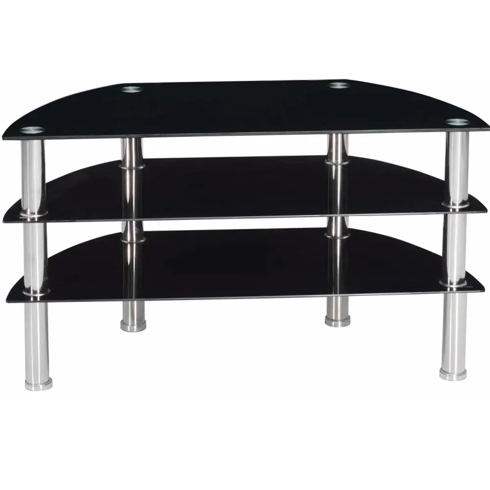 cheap corner used black 3 layers tempered glass TV stand
