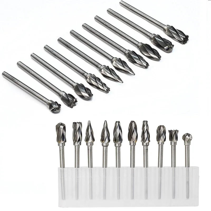 10pcs Tungsten Carbide Rotary Burr SET 3mm Shank Fit Dremel Tools For Dreme Accessories Rotary Files DIY Woodworking Carving