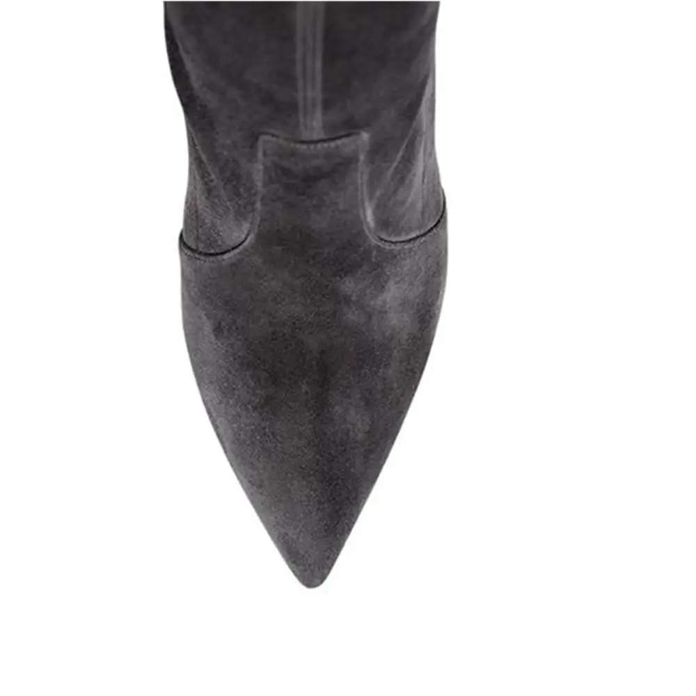Simple Design Lady Metal High Heel Over Knee Boots Pointed Toe Stiletto Suede Thigh High Stretch Boots