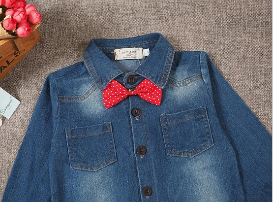 boys bow tie denim shirt and long red pants 2 pcs suit