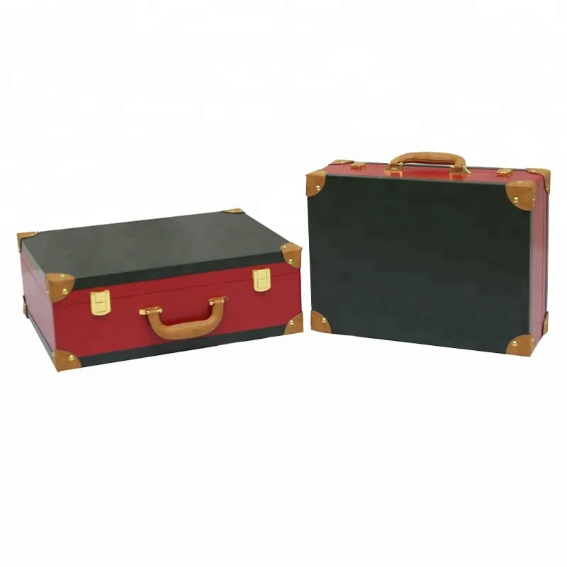 Cheap antique decorative PU/leathe set of 2 storage wood suitcase