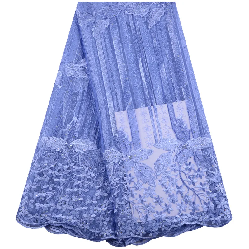 Sky Blue Nigerian Lace Fabric Dubai Embroidered French Tulle Lace Latest African Lace Fabric 2019 With Stones And Beaded 1430