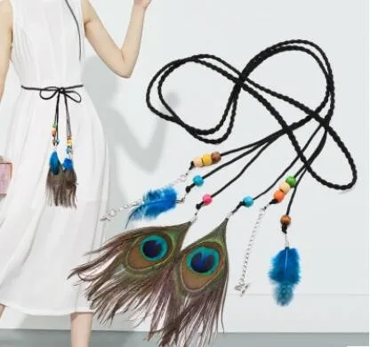 WIIPU Black Nubuck Leather Braided BOHO Belt Headband Wrap Beaded Feather Accessorie