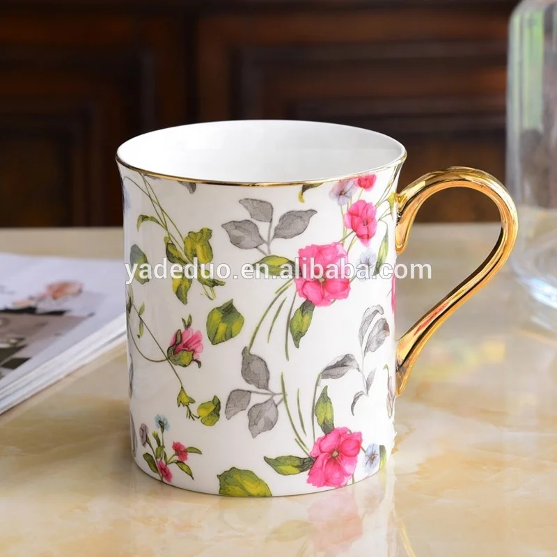 Custom design ceramic coffee mugs with gold handle ceramic elegant tea mugs