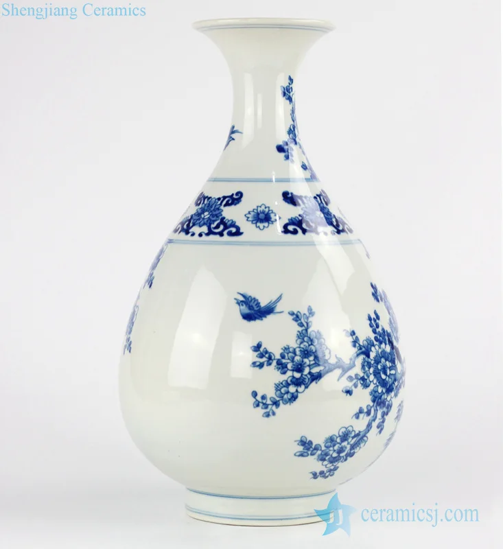 RZJP02 Classic Asian blue and white bird and flower porcelain spring bottle
