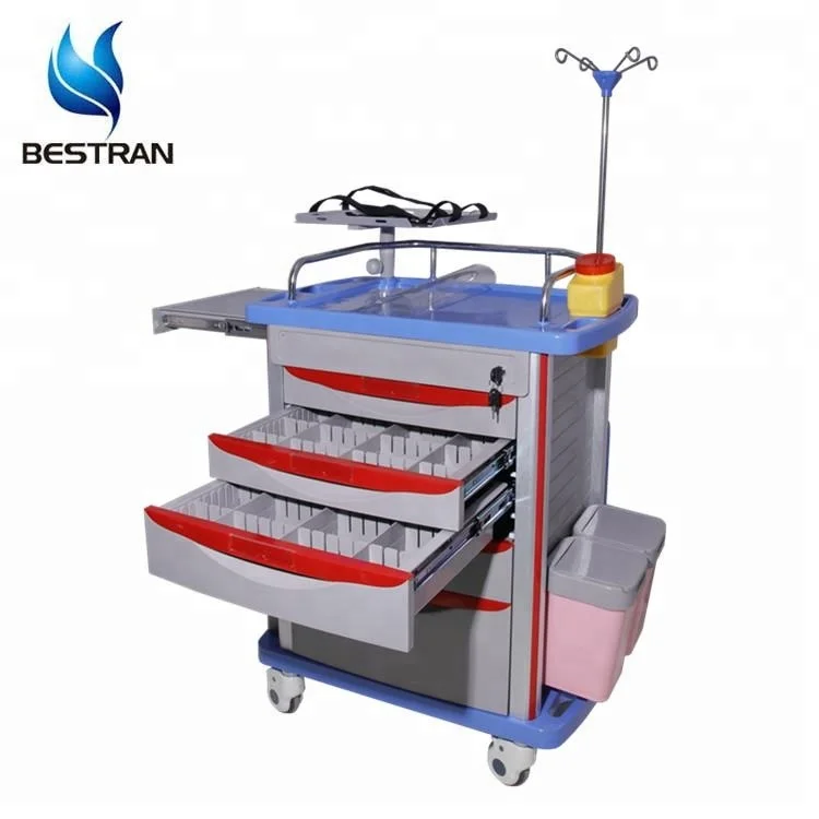 China BT-EY001 large size abs plastic hospital resuscitation crash cart medical emergency trolley with 5 drawers bucket price