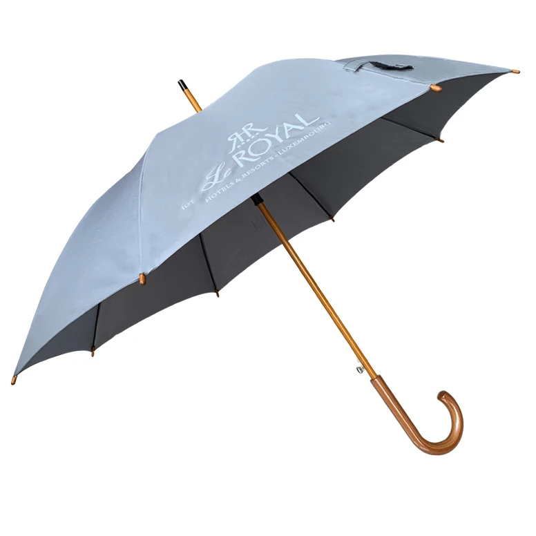 YS-1056 Factory Supply Advertising Umbrella Wooden J Handle Shaft Auto Open Custom Logo Straight Umbrella With Logo For Hotel