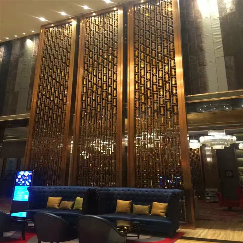 interior wall divider Entrance lobby reception desk background wall panel stainless steel huge metal screen