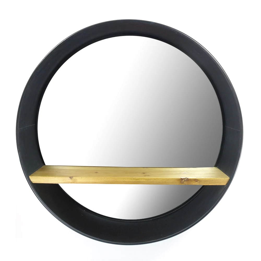 31 inch 79.5cm hanging round black wall mounted metal frame mirror decorative with solid wood shelf for bathroom or living room