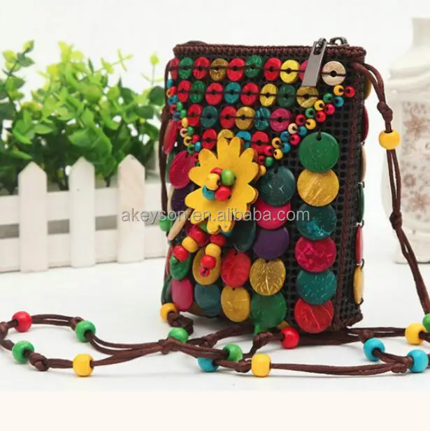 
Monogram square manual beads flowers Coconut shell Bag Coin Pouch 
