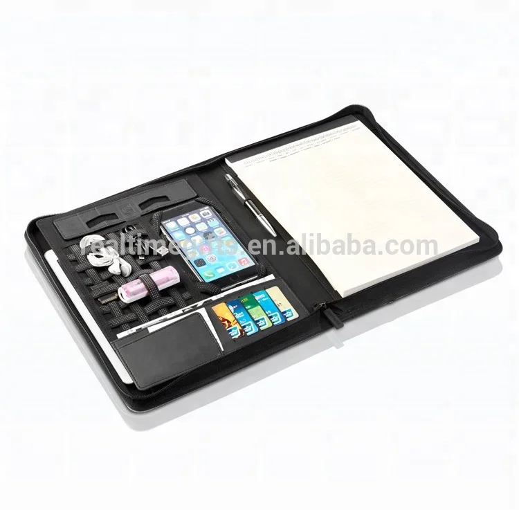 
Luxury Business Office Conference A4 Black PU Leather Compartment Portfolio Organizer 