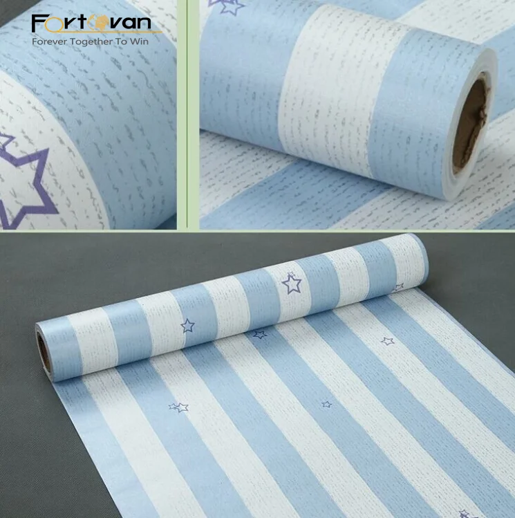 Blue/pink star striped adhesive embossed pvc wallpaper