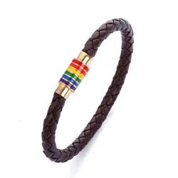 Genuine Braided Leather Bracelet Custom Women Men Stainless Steel  Rainbow Magnetic Clasp Charms Bracelet Gift Gay Pride Black B