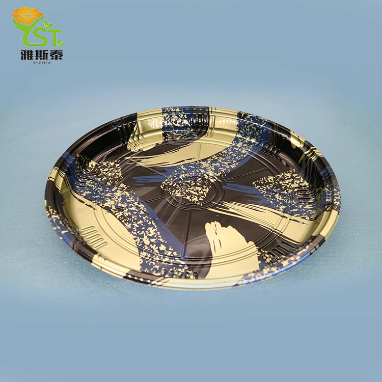 Christmas party serving tray Fast food sushi box PS plastic disposable round flower printing trays