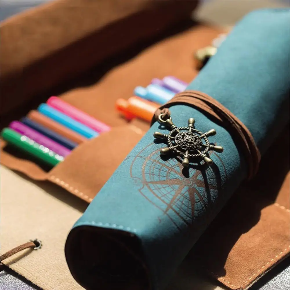 Hot Selling Customization Soft vintage style Roll Foldable Retro Bandage Synthetic Leather Pencil Case for school students