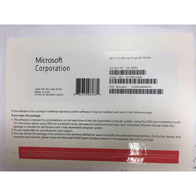 OEM Win Pro 10 64-разрядный английский 1PK DSP OEI DVD ОС программного обеспечения