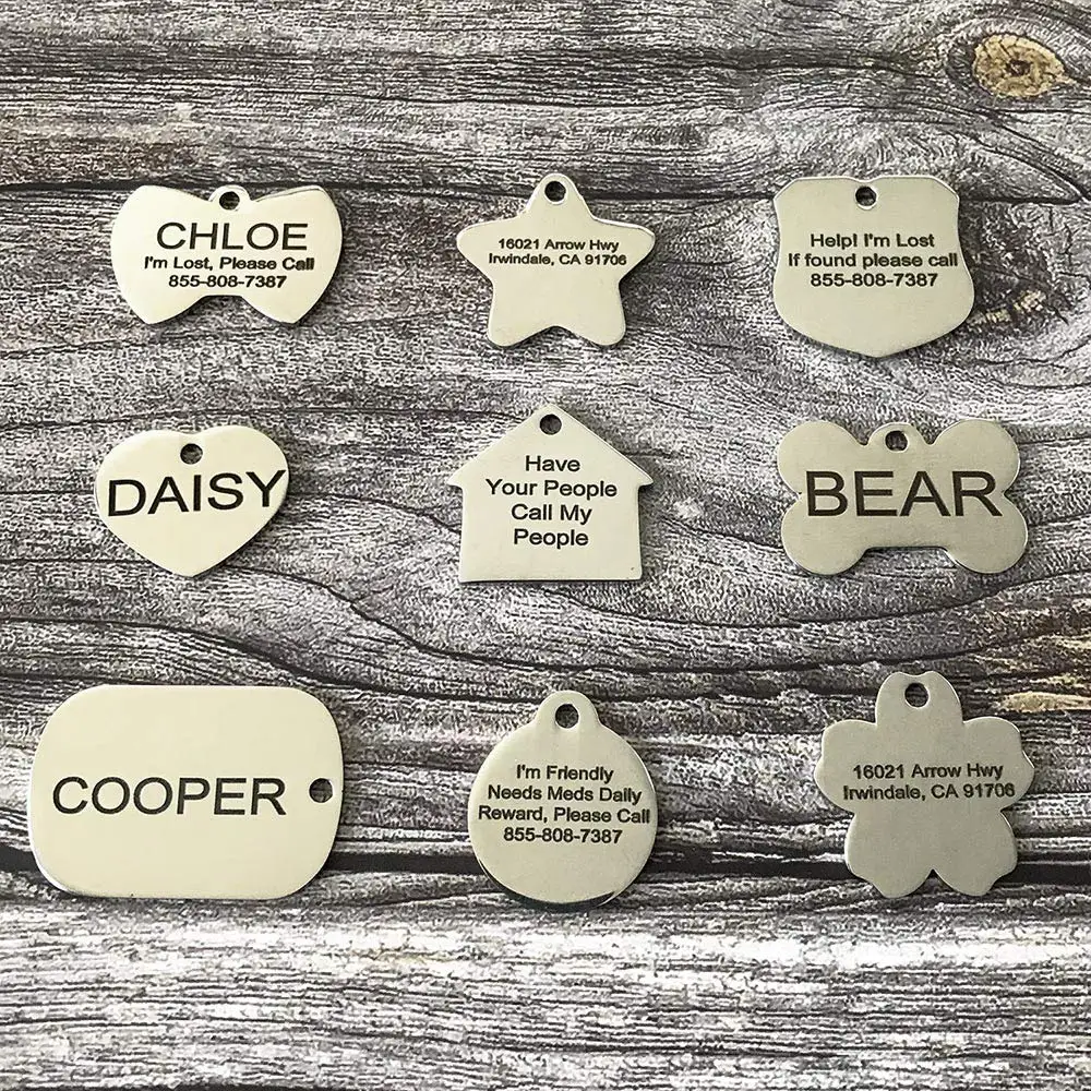Stainless Steel Pet ID Tags Personalized Dog Tags Cat Tags Bone, Round, Heart, Flower, Badge, House, Star, Rectangle, Bow Tie