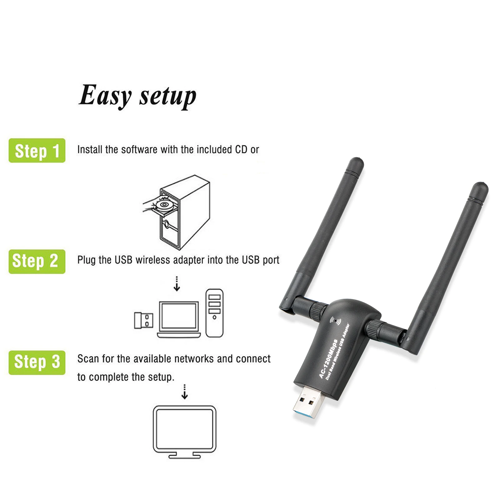 
1200Mbps 802.11ac Realtek 8812BU dual band USB wifi Adapter with 5Dbi external high gain antenna 