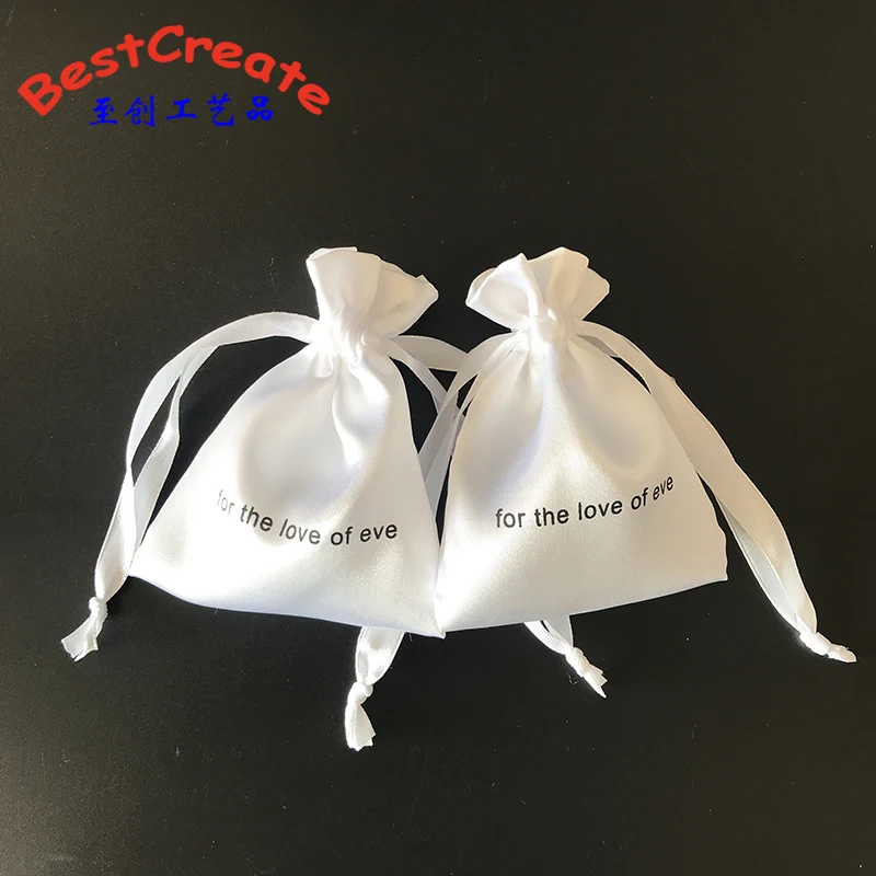 Custom Logo Printing white small drawstring satin wedding gift bags
