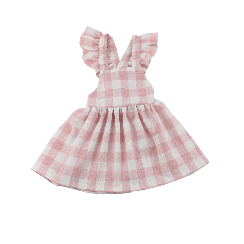 
Summer Backless Ruffle Pink Gingham Linen Pinafore Knee Length Baby Girls Party Dresses 