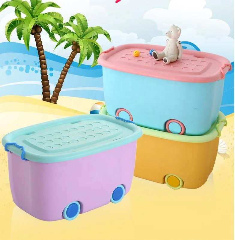 Kids Car Shaped Colorful Plastic Clothes Toy Storage Box With Wheels