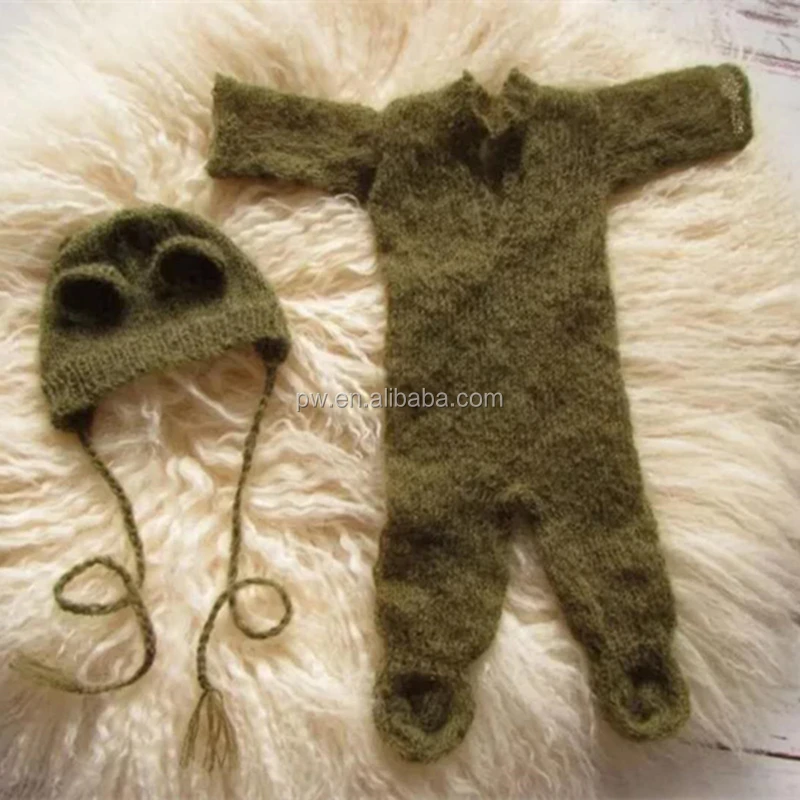 Knit mohair footed sets Newborn bonnet photography props Newborn mohair romper Crochet baby hat and hooded romper