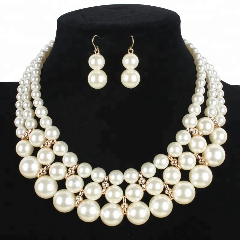 Fashion retro multi-layer pearl necklace earrings set African women exaggerated sweater chain