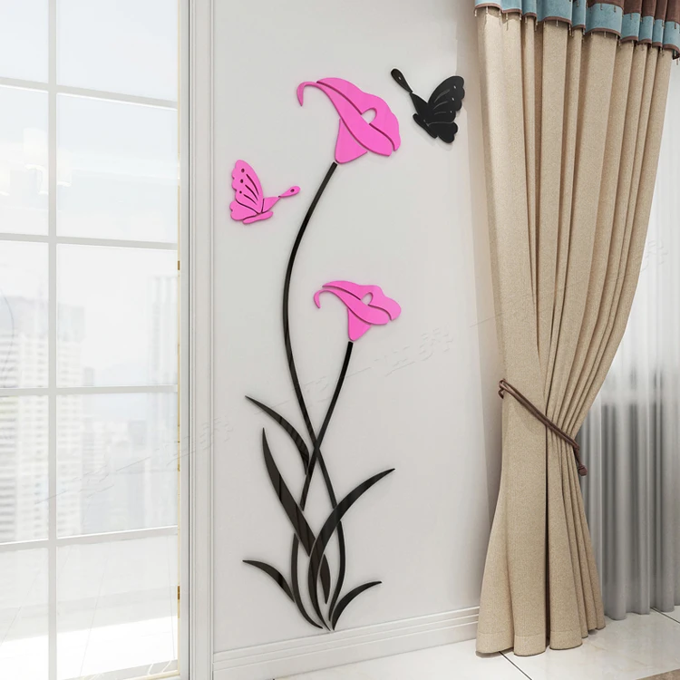 Beautiful  colorful lily flower butterfly vinyl  wall stickers for living room decor