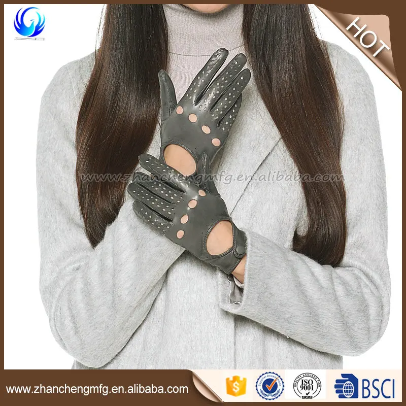 2016 fashion ladies full finger unlined warm grey sheepskin leather driving gloves
