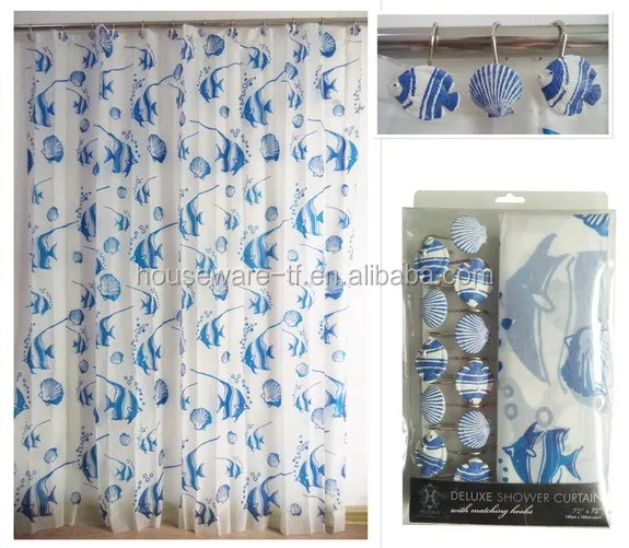 Plastic Shower Curtain with Hooks Set of 13 Hot Sale Ocean Design PEVA Shower Curtain  with Resin Hooks Set of 13