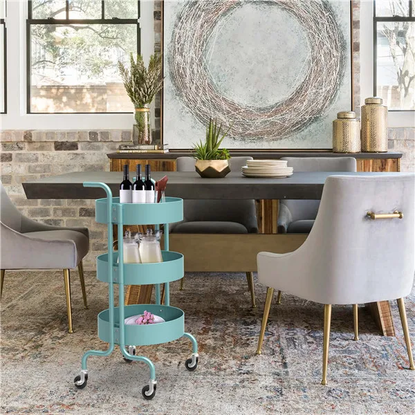 
HS-001 3-Tier Metal Mesh Trolley Rolling Storage Kitchen Cart with Utility Handle 