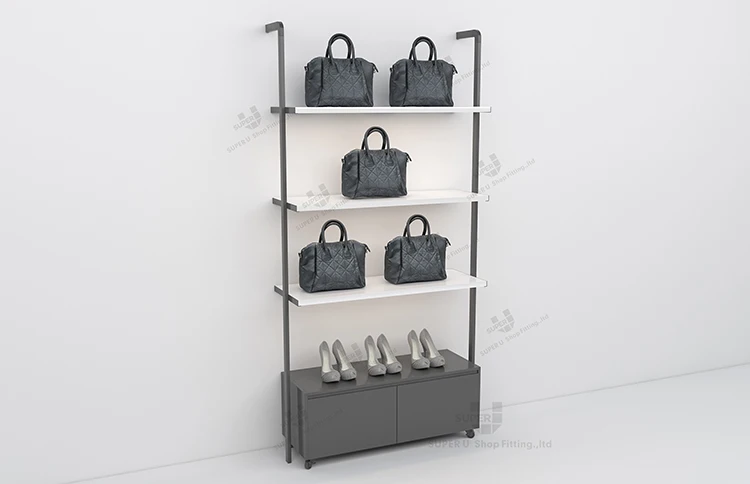 Modern Design Retail Bags Boutique Wall Display Showcase with Shelves Design Handbag Shelves with LED Light Fixture