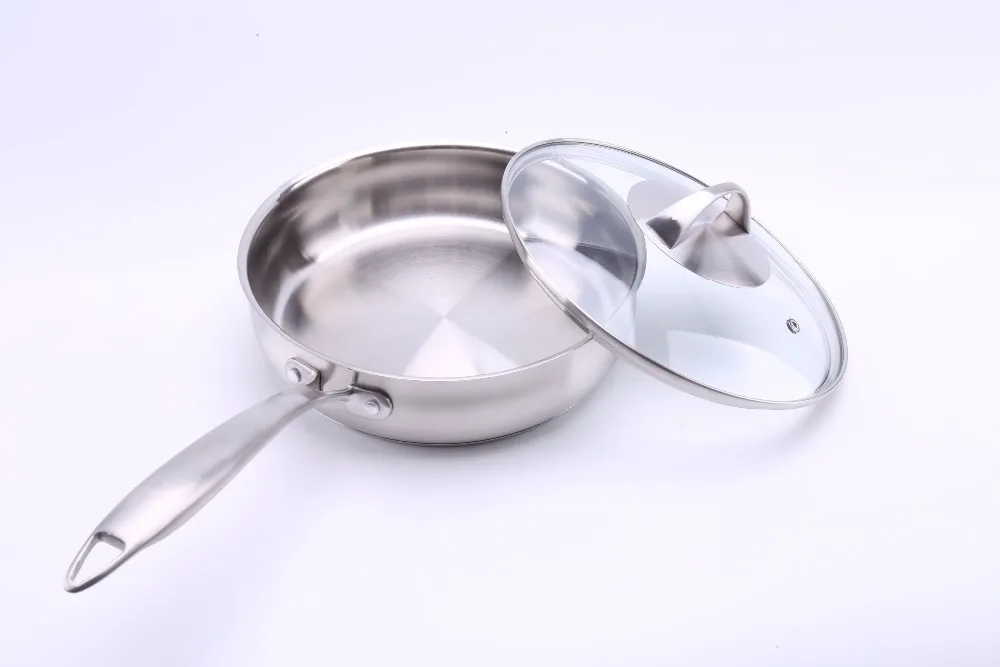 24CM 304 Stainless steel Matte surface deep frying pan with Tempered glass lid