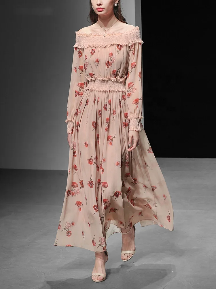 OEM Top Quality Womens Boat Neck Elastic Shoulder Chiffon Printing Long Dress