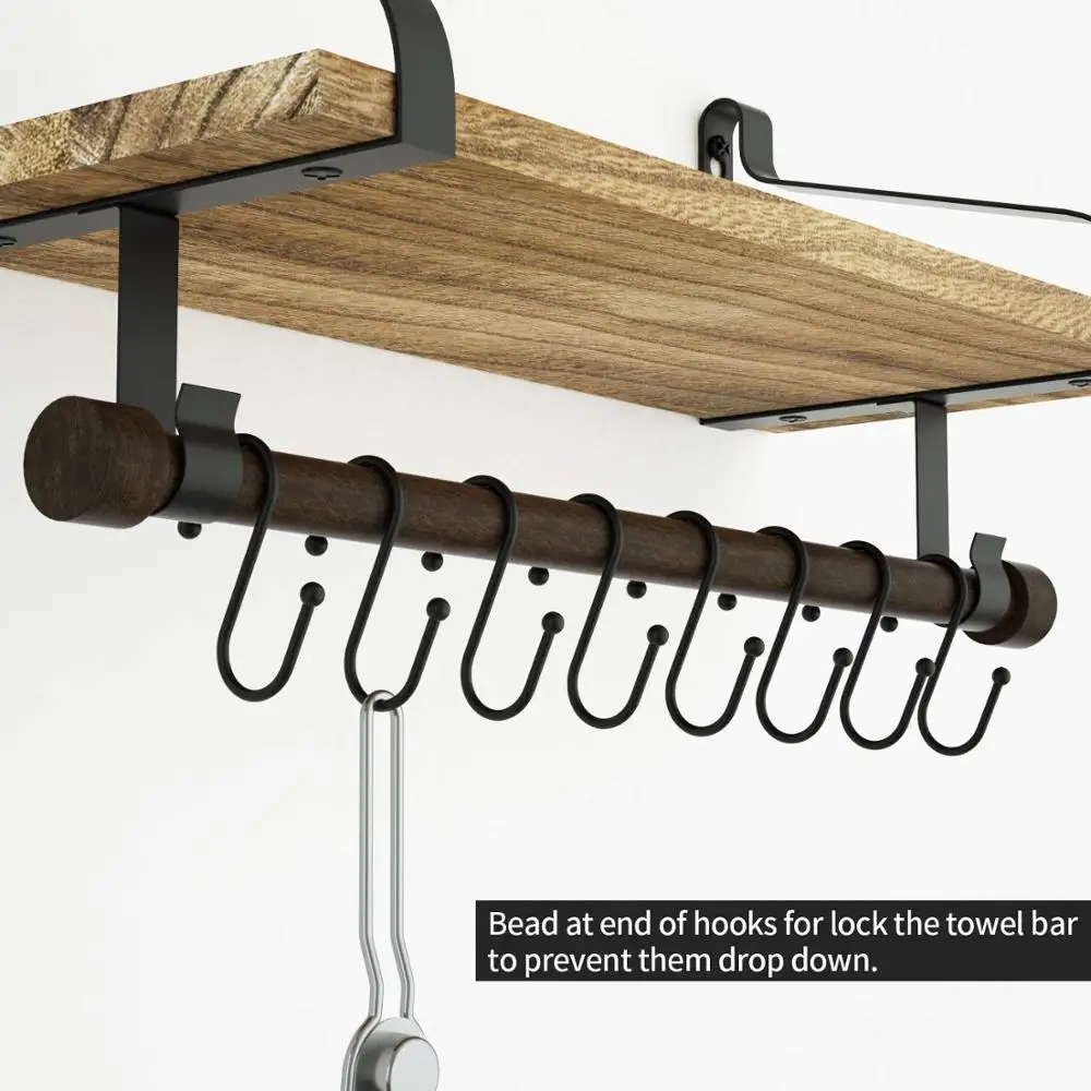 Floating Shelf Wall Shelf for Storage - Rustic Wood Kitchen Spice Rack with Towel Bar and 8 Removable Hooks for Organize Cooking