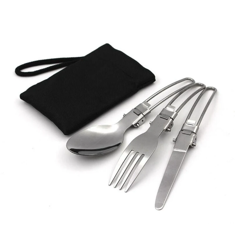 Multifunctional folding camping tableware stainless steel fork knife spoon travel set for outdoor