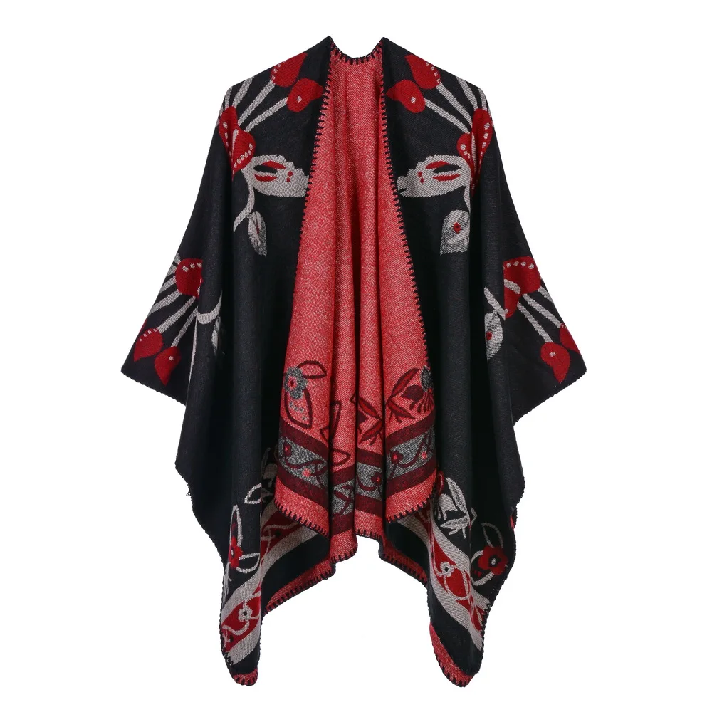 Wholesale 2020 new arrival custom acrylic ponchos cape women stylish red floral knitted oversized loop mexican poncho
