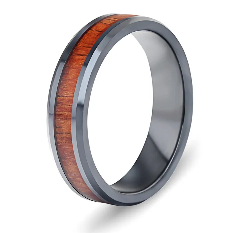 8mm White Ceramic Wedding Ring Wood Grain Inlay Simple Men Wedding Band Engagement Ring