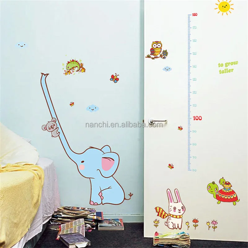 Cute Elephant Animals Stack Height Measure Wall Stickers Decal Kids Adhesive Vinyl Wallpaper Mural Baby Kids Room Nursery Decor
