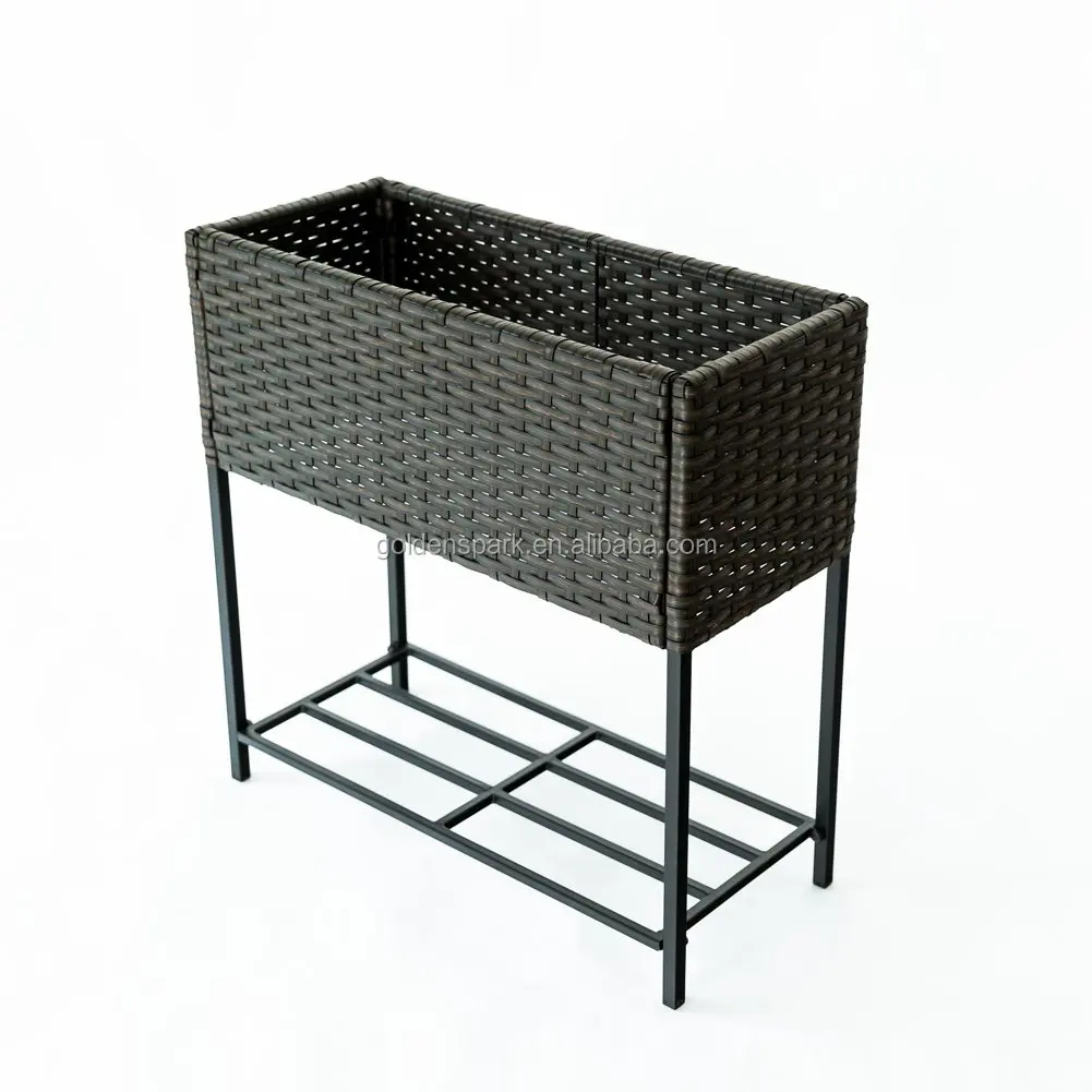 Wicker Plant Stand Indoor Outdoor Raised Rectangular Planter Box, Elevated Flower Pot Stand Holder with Shelf, Black Metal Frame
