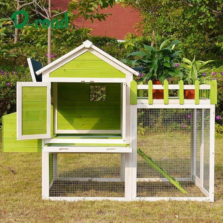 Fashion Green And White Color Tongue & Groove Cladding Wall Wooden Chicken Coop with Flower Planter
