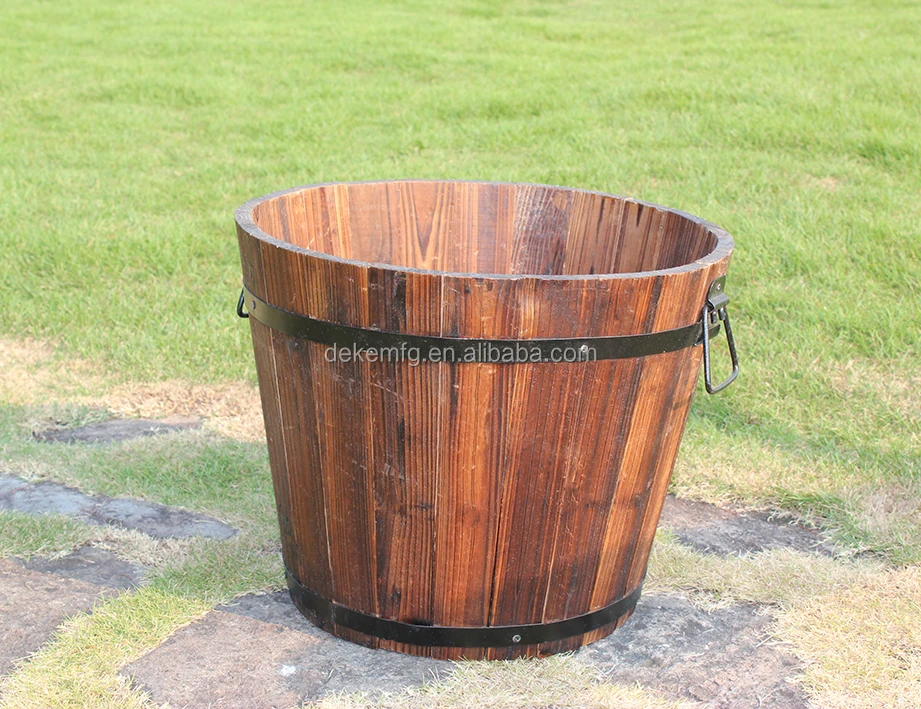 Outdoor Solid Cedar Wood Barrel Set Of 3 Planter Set Wood Flower Pots Wood Barrel Planter