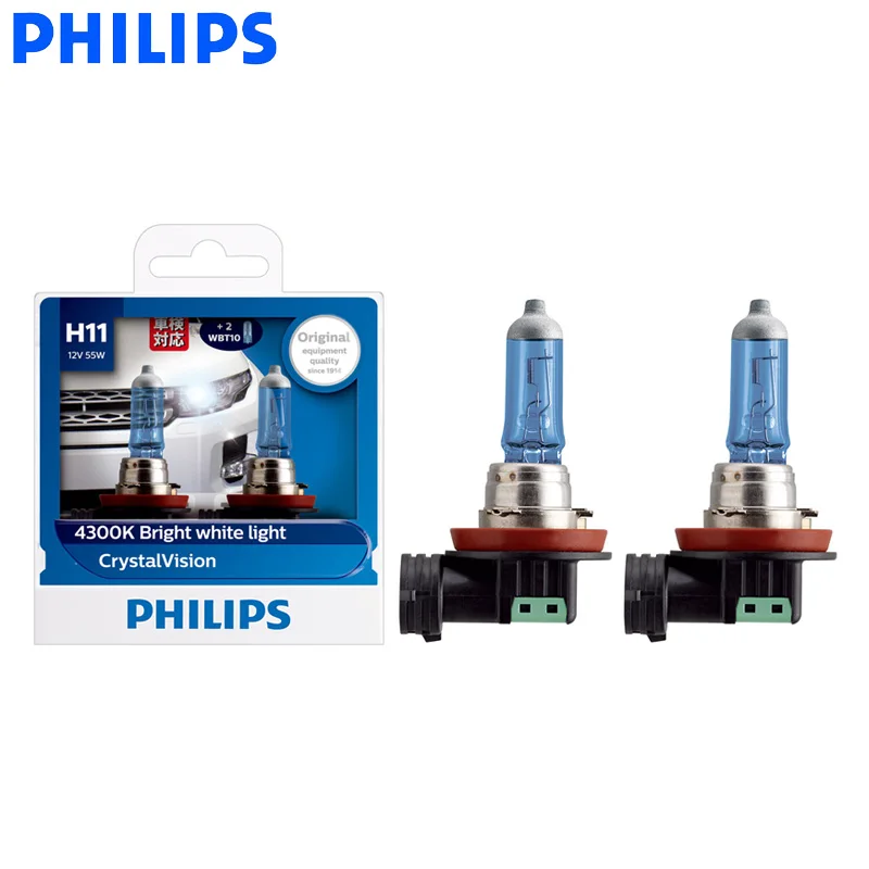 Philips H11 12V 55W Crystal Vision 4300K Halogen Bulbs Bright White Light Car Lamps Stylish Look UV Resistant 12362CVSM, Pai