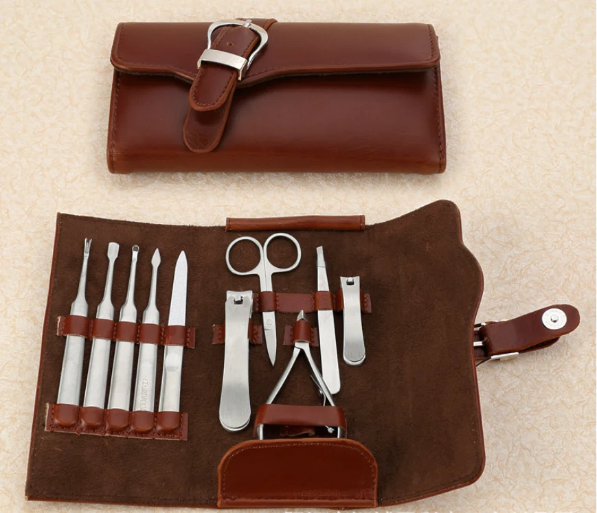 2020 high quality luxury leather multifunction  OEM 10 in 1 nail tools for gift gold color mens manicure_pedicure_set