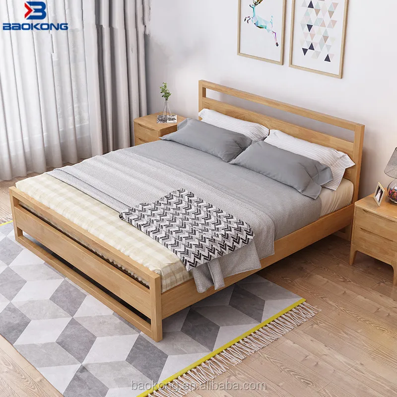 New Design Thailand Rubber Wood King Size Double Bed Solid Wood Bed